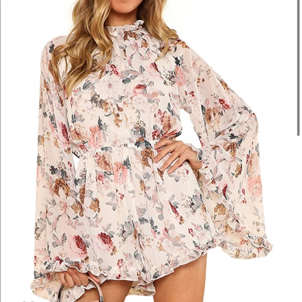 Floral ruffle open back romper
